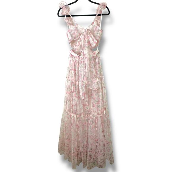 Lulus NWOT Ethereal Love Blush Floral Pleated Tiered Tie-Back Mesh Maxi Dress XS - Picture 7 of 10
